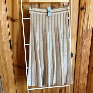 Ann Taylor Striped Midi Knit A-Line Skirt in Beige and Cream Metallic Threads